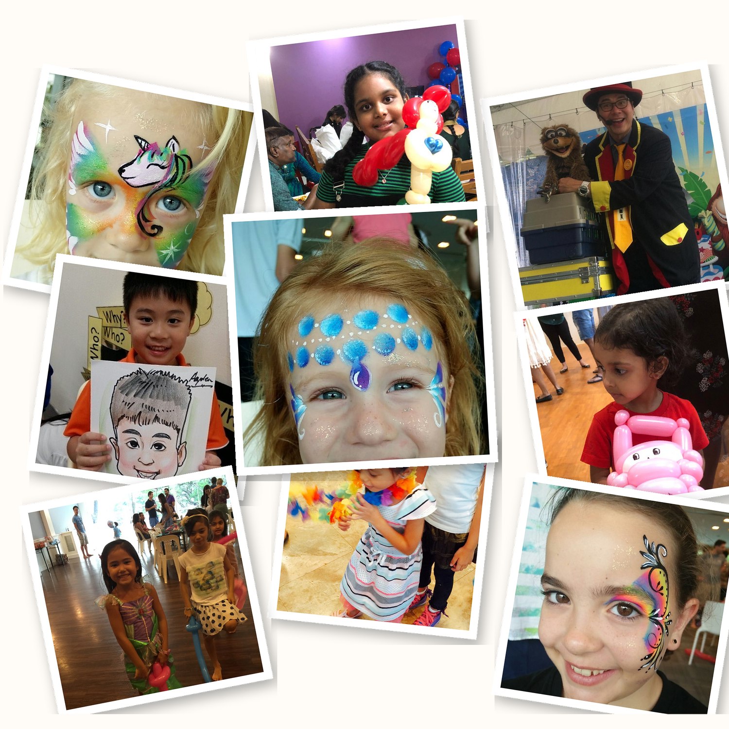 Nine snapshots from real parties: children with face paint, balloon animals, a caricature, and our magician with his puppet