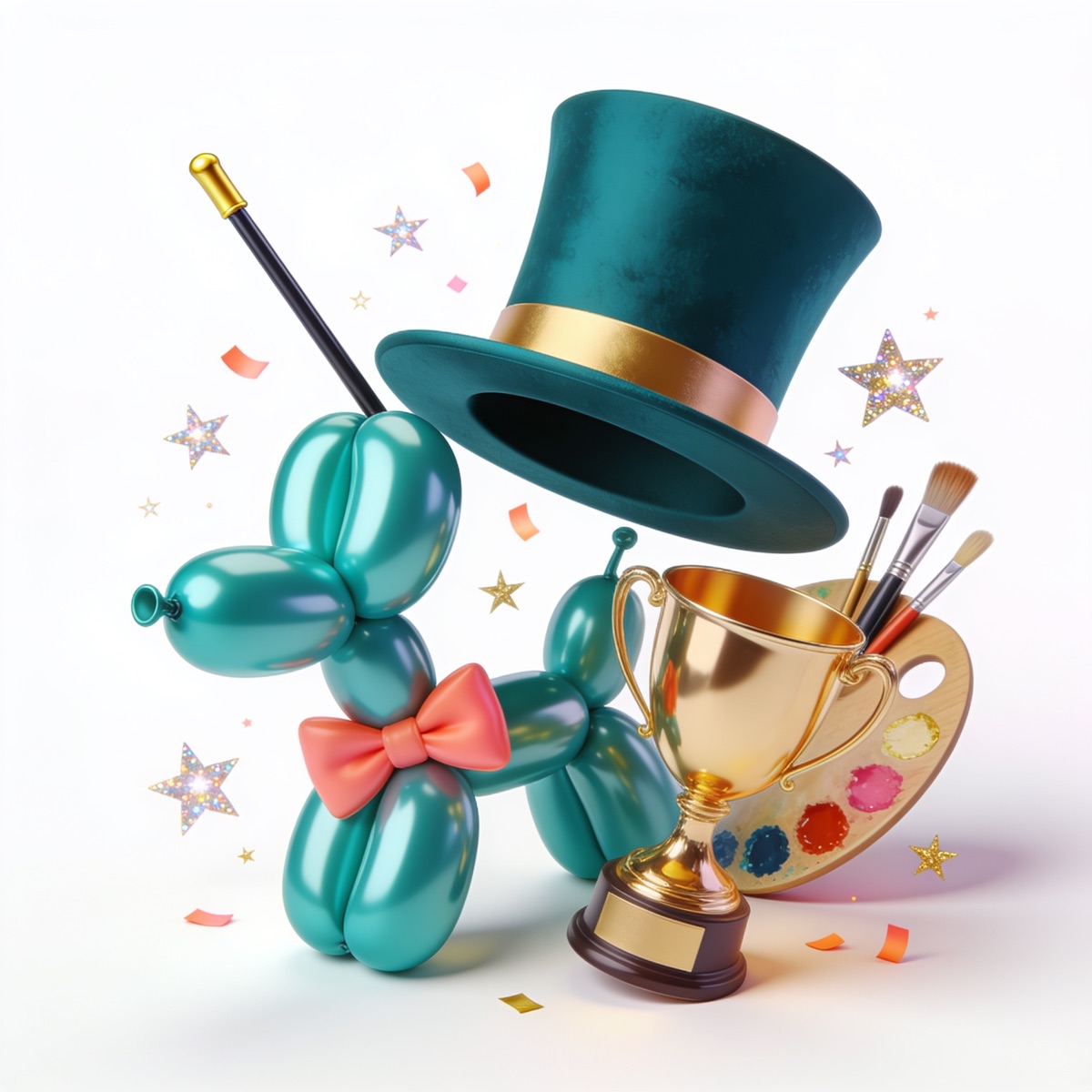 Magician's top hat, balloon dog, trophy and face-painting palette